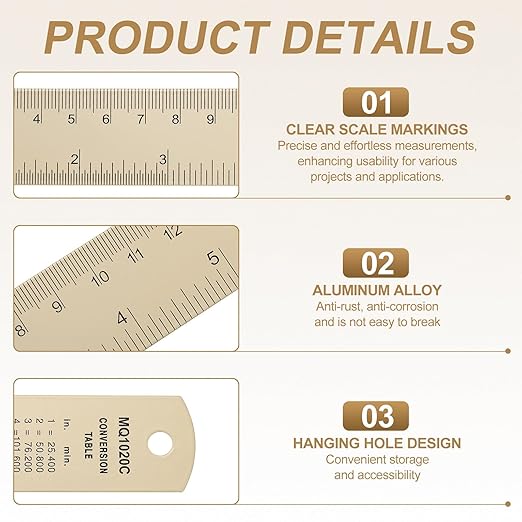 HARFINGTON 2pcs Metal Straight Ruler 20cm Metric SAE Aluminum Alloy Measuring Rulers Scale Tool with Hole for Measure Study Reading Classroom Office, Beige
