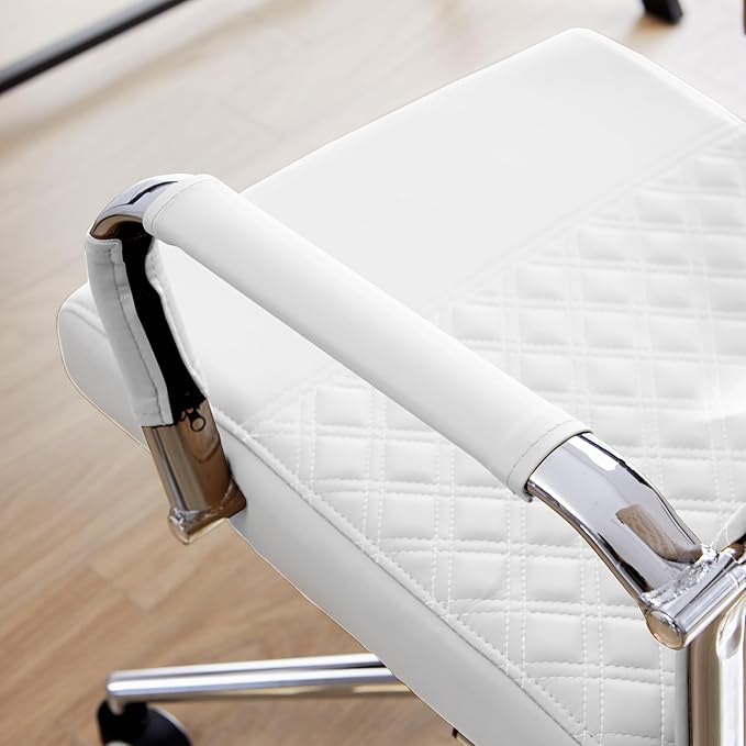 Livinia Modern Executive Office Chair with Patterned Back Design, Chrome & Leather Swivel Chair with High Back, Adjustable Height, Removable Armrests, and Wheels for Home Office (White(Chrome))