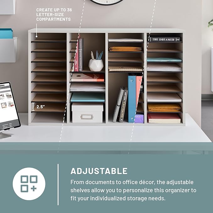 Safco Literature Organizer, 24 Compartments, Office and Classroom Mailbox with Adjustable Shelves, Wood Paper and Mail Sorter, Modern Gray