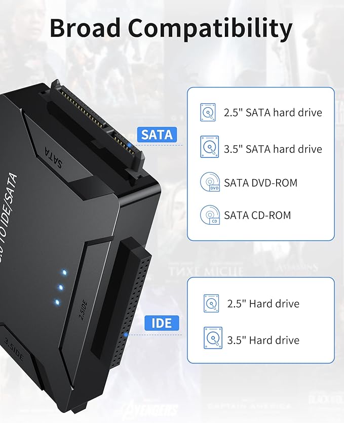 POSUGEAR USB 3.0 to IDE/SATA Adapter, External Hard Drive Reader, Universal 2.5"/3.5" HDD/SSD Converter, 12V/2A Power Adapter