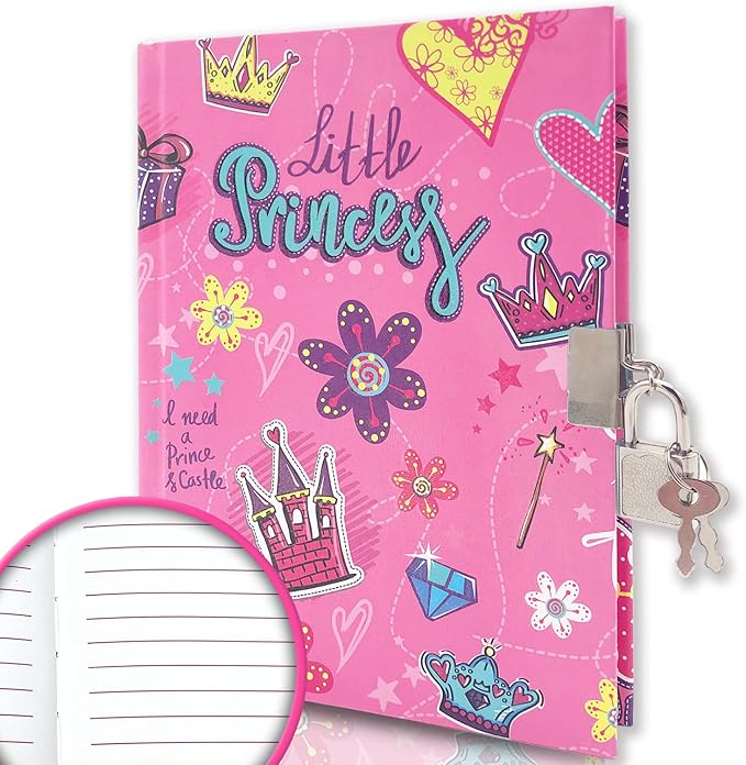 Girls Diary with Lock for Kids, 7x5.25 Inches 160 Lined Pages Secret Pink Princess Notebook for Girls Journal with Lock for Kids Pre School Writing Drawing Cute Girls Gifts for Birthday