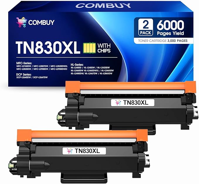 TN830XL Toner Cartridge Replacement for Brother TN830XL TN-830 TN830 TN 830 Toner Work with HL-L2460DW DCP-L2640DW HL-L2480DW HL-L2400D HL-L2405W MFC-L2820DW Printers (2 Black)