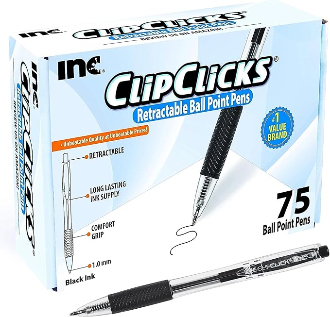 Inc. ClipClicks Retractable Ballpoint Pens - Bulk 1.0-mm Medium-Point Pen Set With Comfort Grip for School, Office, Writing, and Journaling, 75 Count, Black