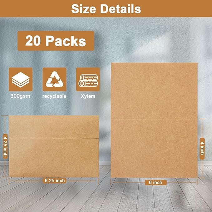 Brown Blank Note Cards and Envelopes 4 x 6 Heavyweight Folded Cardstock and A4 Envelopes Printable Self Seal 20 Packs for DIY Wedding Invitations, Party, Thank You Cards, Greeting Cards