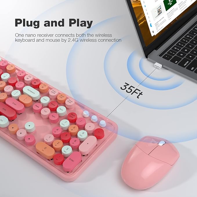 Wireless Keyboard and Mouse Combo, 104 Keys Full-Sized 2.4 GHz Round Keycap Colorful Keyboards, USB Receiver Plug and Play, for Windows, PC, Laptop, Desktop (Pink)
