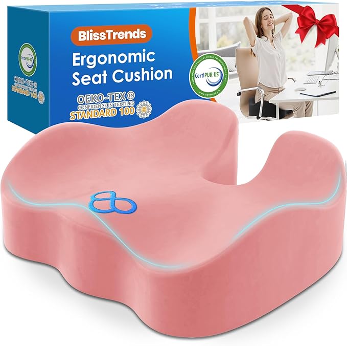 BlissTrends Seat Cushion,Thick Memory Foam Cushions for Office Chair, Car Seat, Airplane, Relieving Pressure Tailbone Sciatica Back Pain for Long Sitting Office Workers, Car Drivers 4.7in Thick Pink