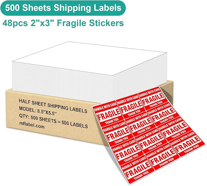 MFLABEL Full Sheet Shipping Labels 8.5x11 Inch - Matte White Permanent Adhesive Paper for Laser & Inkjet Printers (500 Sheets) - No Cut Needed Address Labels + Free 48 Fragile Stickers