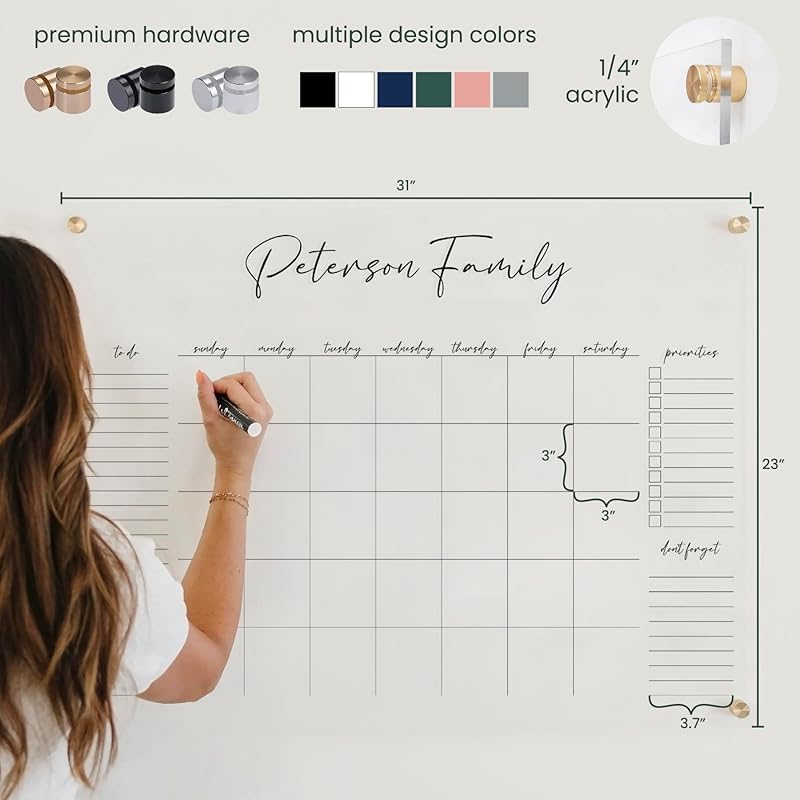 Personalized Clear Acrylic Calendar for Wall, Calendar Whiteboard for Wall, Dry Erase Wall Calendar, Wall Calendar Organizer System for Home (Cursive, Navy, 31"W x 23"H)