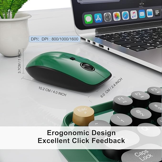 Wireless Keyboard and Mouse Combo, 104 Round Keys Cute Colorful Keyboard and Mouse with Retro Typewriter for PC/Mac/Laptop/Tablet/Computer/Windows Green