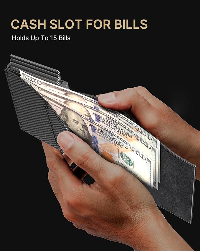 typecase Mens Wallet Card Holder: Pop Up Aluminum Case, Genuine Leather, Smart, RFID Blocking, Slim, Minimalist, Front Pocket - 9-14 Card Capacity | ID Window | Cash Slot (Carbon Fiber)