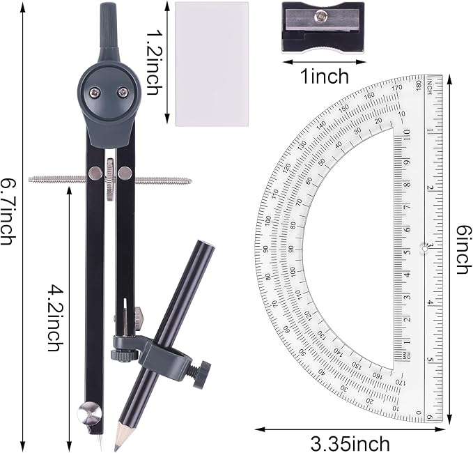 Professional Compass for Geometry Set, Metal Compass with Wheel and Lock for Geometry, Drawing Compass Tool, Circle Drafting Tool, and 6 Inch Math Protractors 180 Degree (Silver)
