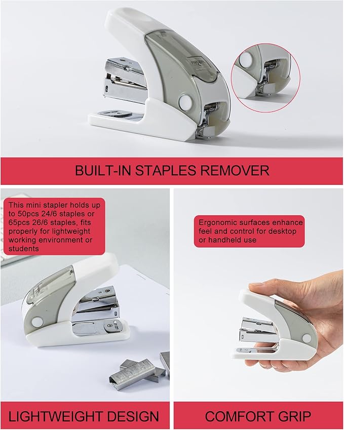 PAPERPAL Effortless Mini Stapler Set, 20 Sheet Capacity, Integrated Remover & Staple Storage, Holds 1/4" Staples, Includes 1000 Staples, Lightweight, Office, School & Daily Use, White