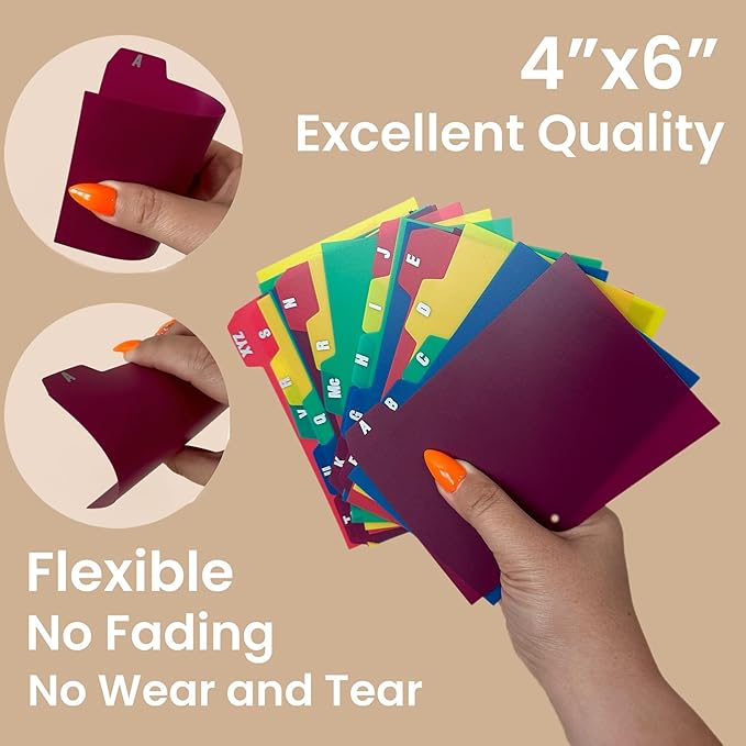 25 A-Z Tabbed 4x6 Index Card Guides in 5 Colors Durable Poly Note Divider Organizer Recipes Office School Home