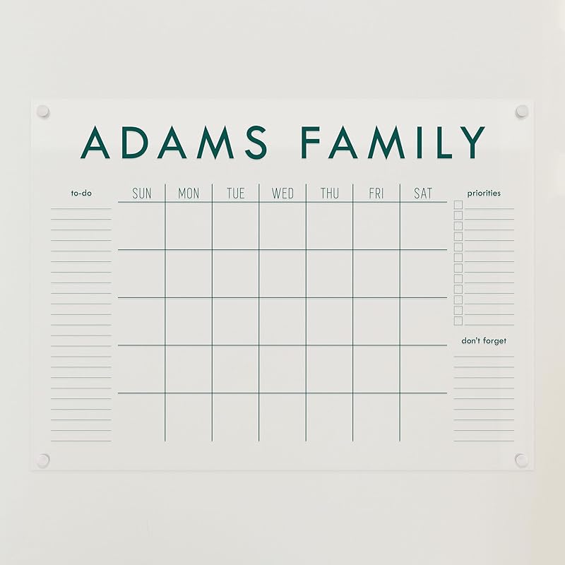 Personalized Clear Acrylic Calendar for Wall, Calendar Whiteboard for Wall, Dry Erase Wall Calendar, Wall Calendar Organizer System for Home (Block, Jade, 31"W x 23"H)