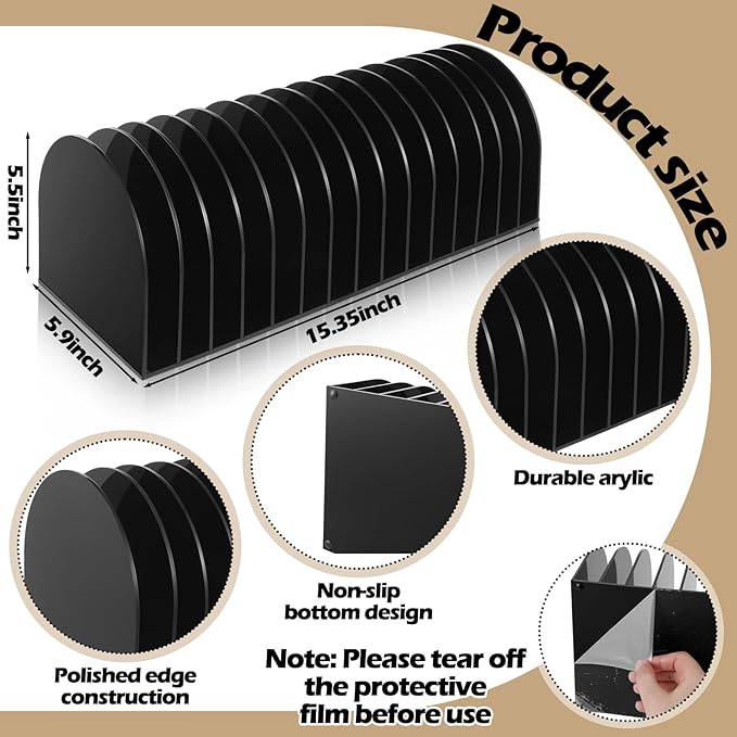 Ctosree Acrylic File Organizer for Desk Vertical 15 Compartments File Sorter Mail Organizer Desktop Countertop Folder Stand Racks for Office Home School Desk(Arch,Black)