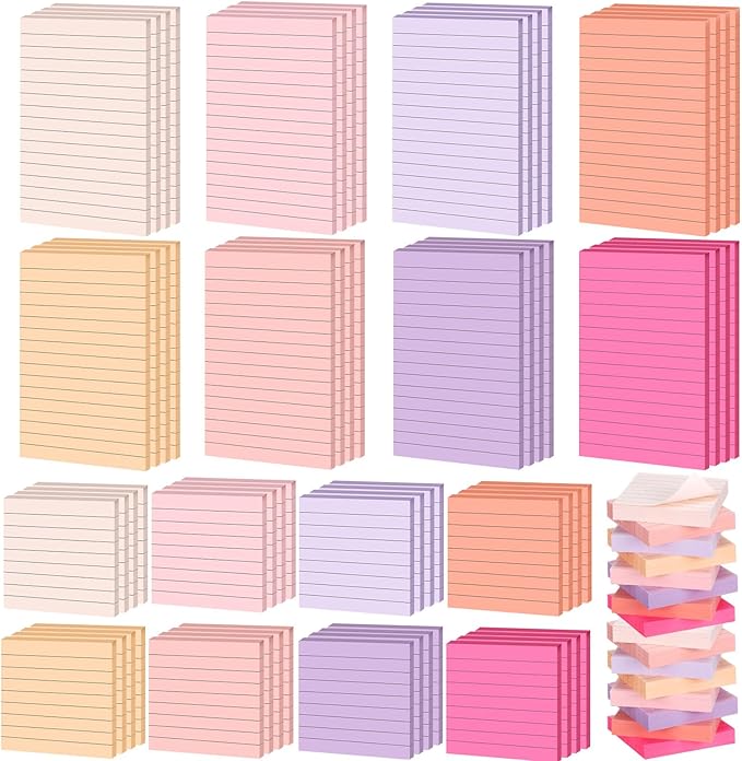 Yexiya 64 Pcs Lined Sticky Notes Self Stick Notes with Lines Bright Assorted Colors Sticky Pad for Home Office Products Post Memos, 1920 Sheets(4 x 6 Inch, 3 x 3 Inch,Fashion Color)