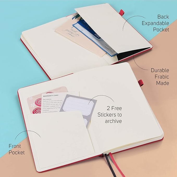 MALEDEN 7 Pack Lined Journal Notebook, Hardcover PU Leather Notebook for Men Women, 100 GSM Thick Numbered Pages with Index Content, Inner Pockets, Bookmarks, A5 Ruled Writing Journal Bulk (Red)