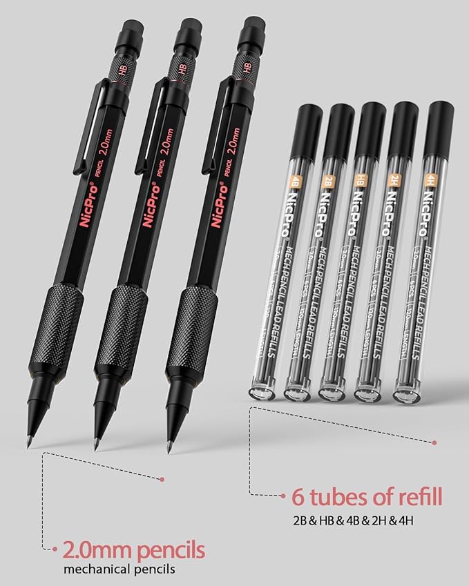 Nicpro 3 Pack 2mm Mechanical Pencils Set with Case, 33 Graphite Lead Refills (4B 2B HB 2H 4H), 36 Colored Lead, Erasers -Weatherproof Metal Barrel, Heavy Duty Carpenter Pencil For Drawing Sketching