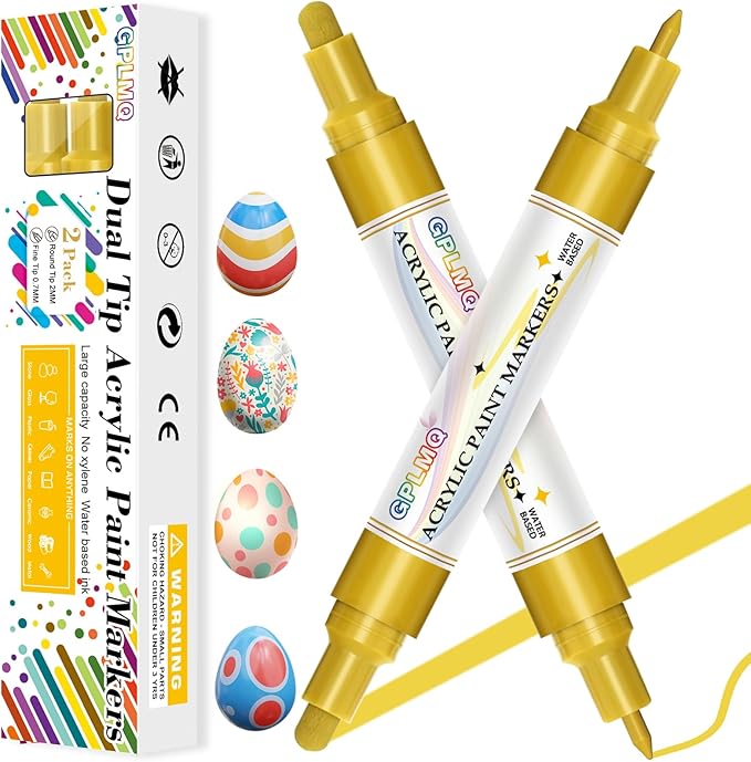 Paint Markers Paint Pens - 2 Pack Dual Tip Acrylic Permanent Marker (0.7mm & 3mm), Non-Toxic, Water-Based for Art Painting, Stone, Ceramic, Glass, Wood, Fabric, Metal, DIY Crafts (Gold)