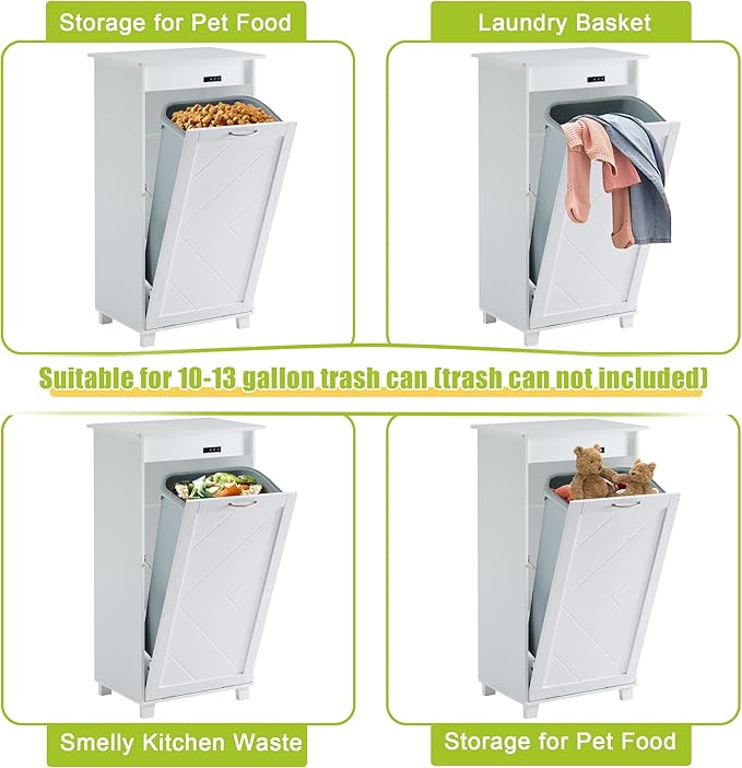 VECELO Tilt Out Kitchen Trash Bin Cabinet, Dog Proof Garbage Can with Wood Holder Free Standing Recycling, White