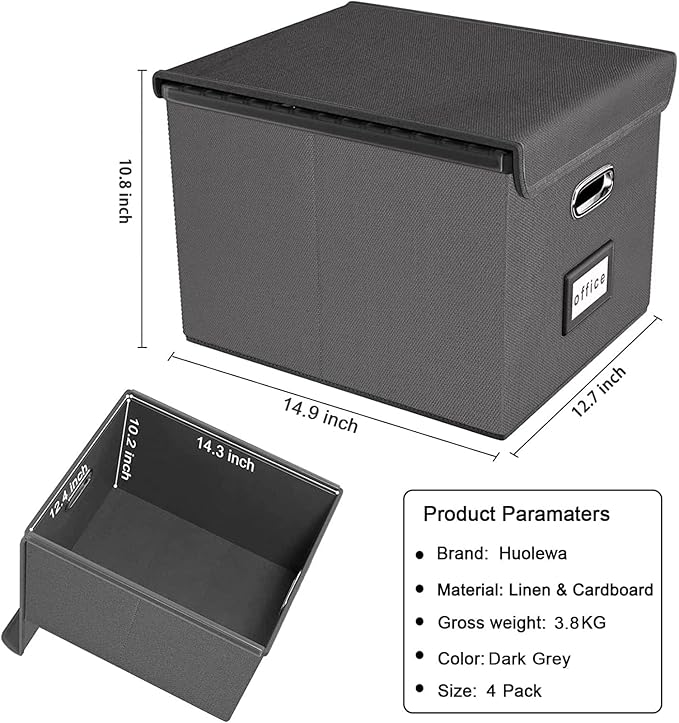 Huolewa File Organizer Box with Lid, Collapsible File Folder Organizer for Office Document Storage, Filing Box with Plastic Slide for Letter/Legal Size Hanging Files, Dark Grey