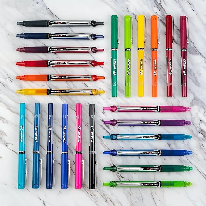 Precise V5 Stick Rolling Ball Pens, Extra Fine Point (.5mm), Assorted Colors Black/Blue Ink, 6-pk; Bundle with Plastic Reusable Pouch