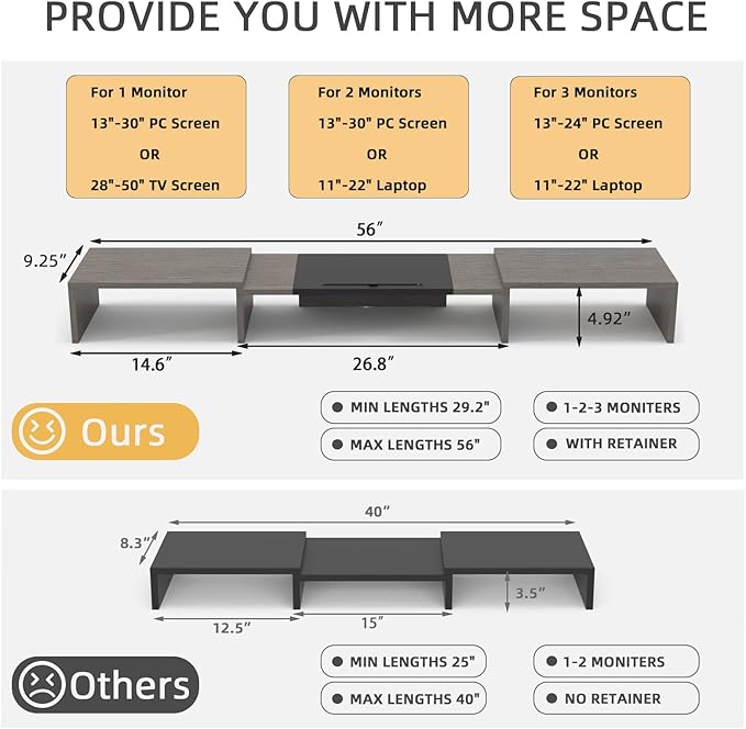 WESTREE Triple Dual Monitor Stand Riser, 56" Extra Long Monitor Stand for 1~2~3 Monitors, Monitor Stand with Length and Angle Adjustable, 3 Shelf Desktop Organizer Riser for Monitor Computer Laptop