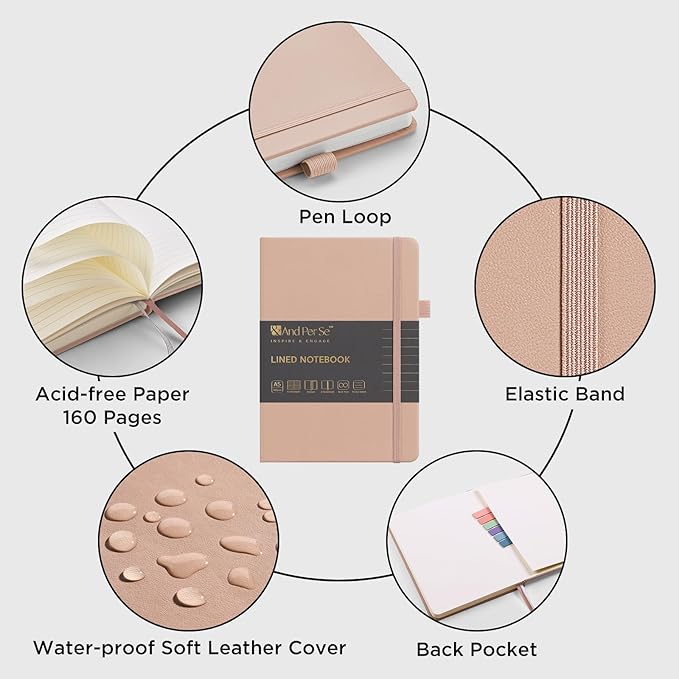 &And Per Se Lined Journal Notebook (5 Packs), 160 Pages, A5 5.7 x 8 inches College Ruled Thick Paper Notebook Journals for Writing, Hardcover Notebooks for Women Men Office School (Apricot)