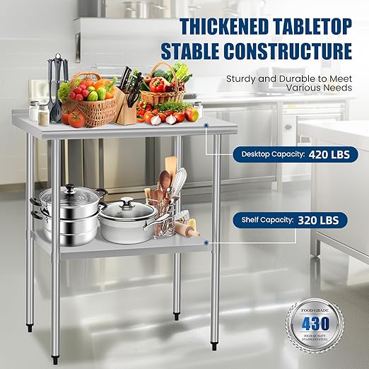 Stainless Steel Table 24 x 30 Inches Metal Prep Table with Backsplash & Adjustable Undershelf, Stainless Table for Commercial Kitchen, Outdoor, Restaurant, Hotel & Garage