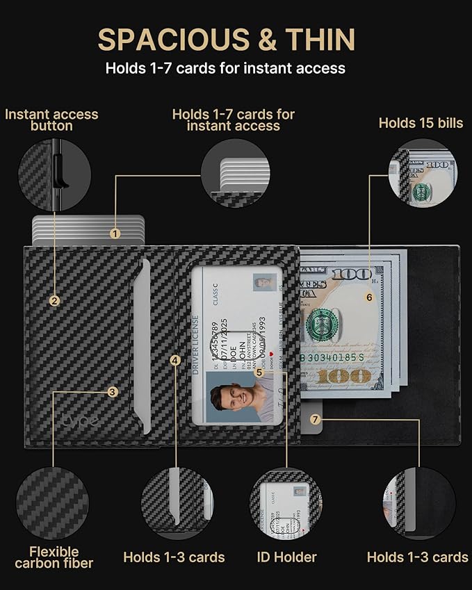 typecase Mens Wallet Card Holder: Pop Up Aluminum Case, Genuine Leather, Smart, RFID Blocking, Slim, Minimalist, Front Pocket - 9-14 Card Capacity | ID Window | Cash Slot (Carbon Fiber)