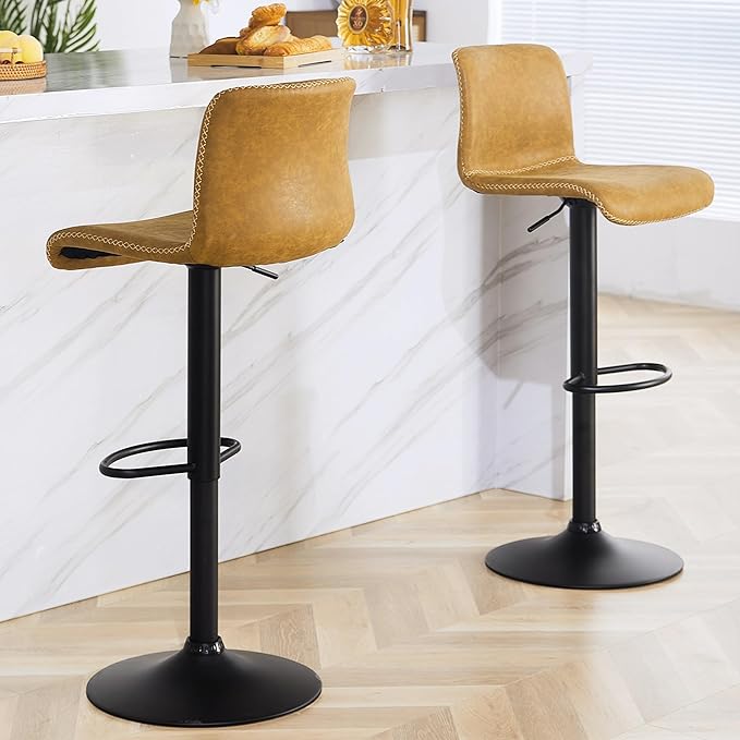 HeuGah Bar Stools Set of 6, Swivel Counter Height Barstools with Back, Adjustable Height 24" to 32", Whiskey Brown Faux Leather Bar Chairs for Kitchen Island (Whiskey Brown, Set of 6 (24'' to 32''))