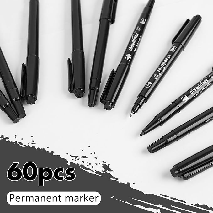 cloudriver Ultra Fine Permanent Markers, 60 Bulk Pack Twin Tip Black Permanent Marker Set, Waterproof and Quick Drying