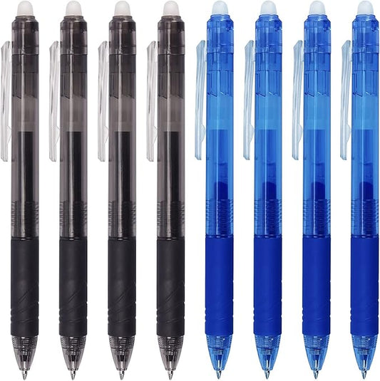 8 Pack Retractable Erasable Gel Pens Clicker Fine Point 0.7mm, Make Mistakes Disappear Comfort Grip for Drawing Writing Planner and School Supplies, Black and Blue Color Inks