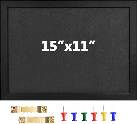 Cork Board Bulletin Board Wood Framed Display with Felt, Pin Board for Jewelry, Notes, Memos, Photos, Home, Kitchen, Office, School, Wall, 15"x11", Wood Framed(Black) & Felt(Grey)