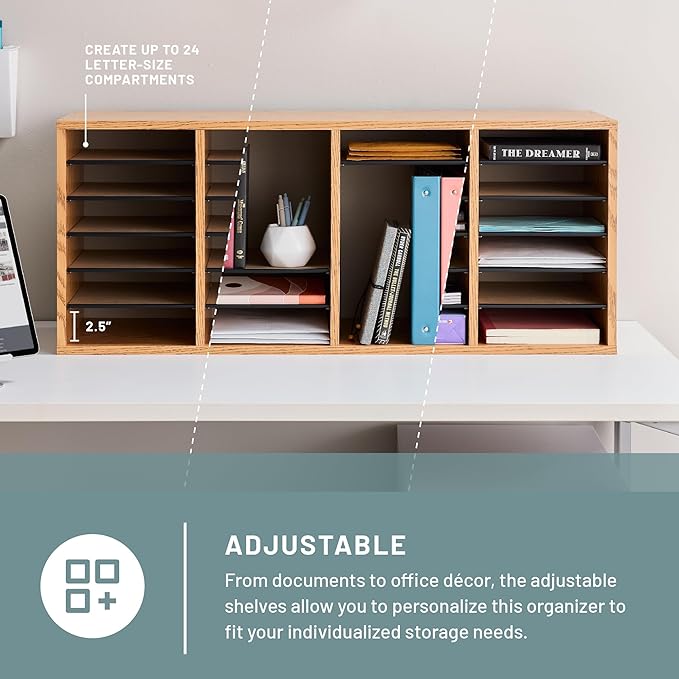 Safco Wooden Paper and Mail Organizer for Home Office and Classroom, Adjustable Shelves and Stackable, 32 Compartments with Drawers, Medium Oak