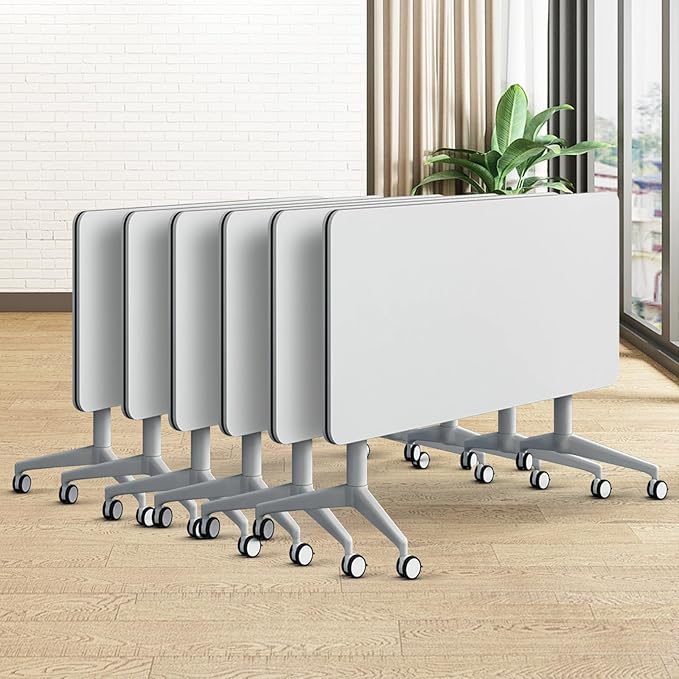 Folding Conference Table, Modern Large Conference Room Tables with Flip-Top Design, Foldable Conference Table Meeting Table with Wheels, Mobile Seminar Training Tables for Office Classroom (6, White)