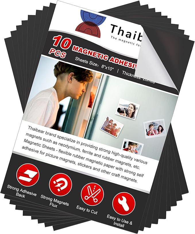 Adhesive Magnetic Sheets, Magnetic Sheets with Adhesive Backing, 8" x 10", 10 Pack Flexible Magnet Sheets with Adhesive - Sticky Magnets with Adhesive Backing for Photo and Picture Magnets