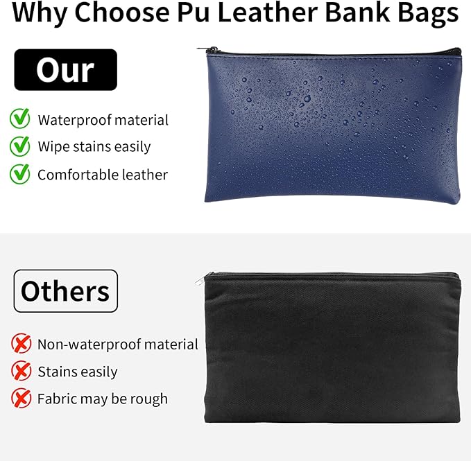 4 Pack Money Bags with Zipper, 11x6.1 Inch PU Leather Cash Pouch, Secure Bank Bag for Coins, Bills, Checks, Invoices, Cosmetics, Tools (Multi Color)