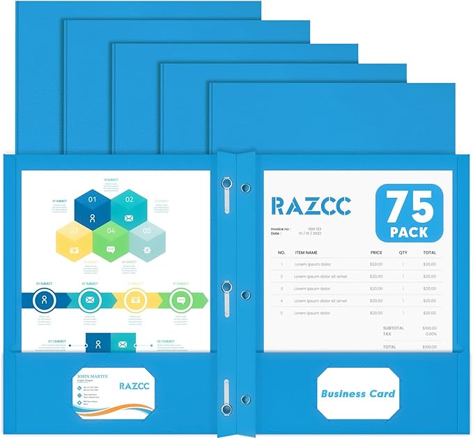 Two Pocket Folders, RAZCC 75 Pack Two Pocket Folders with Prongs, 3 Prong Folders Fit Letter Size Paper, Pocket File Folders for School Office Home Business, Blue