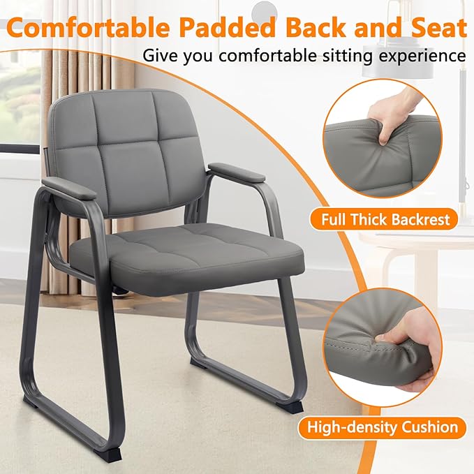 CLATINA Waiting Room Guest Chair with Bonded Leather Padded Arm Rest for Office Reception and Conference Desk Black with Sled Base Grey 2 Pack