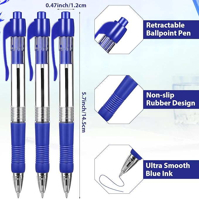 Fainne 200 Pack Retractable Ballpoint Pen 1.0 mm Medium Point Refillable Smooth Click Writing Pens With Grip for Work Journal Writing Office School Supplies(Blue Ink)
