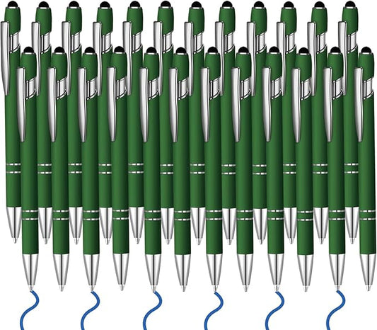 24 Pcs Blue Ink Ballpoint Pen with Stylus Tip 2 in 1 Ballpoint Pen 1.0 mm Blue Ink Metal Stylus Pen for Touch Screens Coworkers, Family, Colleagues, Office (Dark Green)