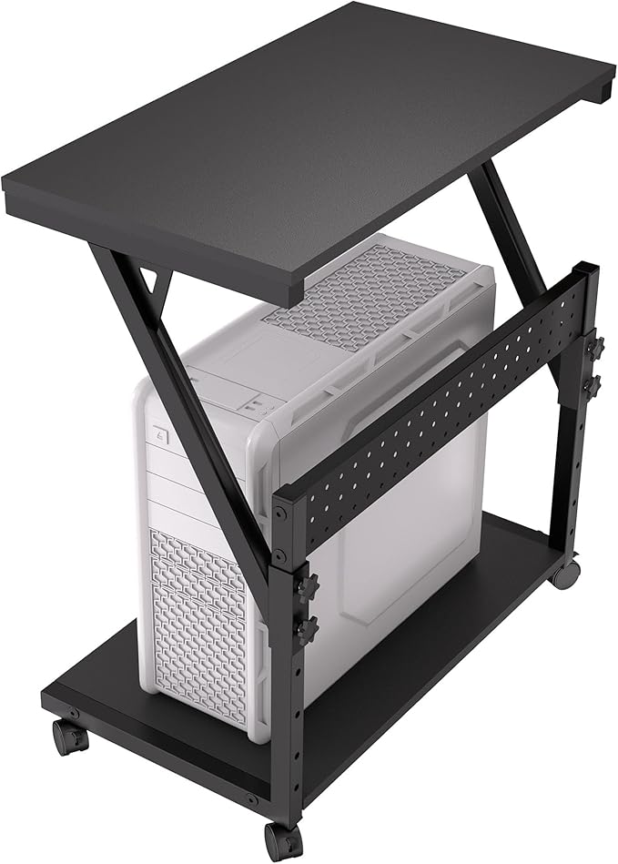 Computer Tower Cart - Height Adjustable PC Stand, 2-Tier ATX-Case CPU Holder Home Office Gaming Desk Accessories with Rolling Lockable Wheels, Laptop Table Standing Computer Desk, Rustic Black