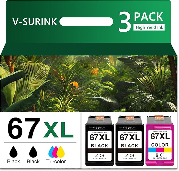 Compatible -Hp Ink 67xl Black and Color Combo Pack New, Hp Envy 6455e Ink Cartridges, 67xl High Yield 3-Pack (2 Black+1 Tri-Color), for Deskjet 2700/4100, Deskjet Plus 4100/4155 (Not for HP+)