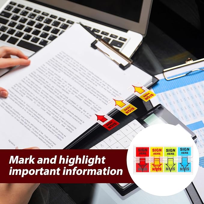 500pcs Sign Here Stickers, Arrow Labels Stickers Adhesive Sign Here Tabs Sign Post Here Flags for Documents Notebooks Home Office School Supplies (4 Colors)
