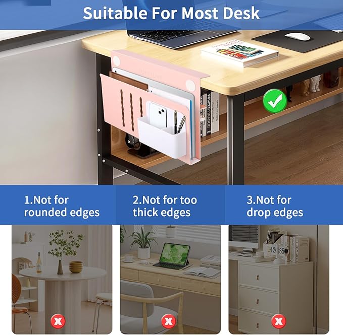 LUKETURE Desk Side Storage, Steel Side Desk Organizer, No Drill Laptop Holder, Clamp on Laptop Mount with Pen Holder, Table Hanging Storage for Home Office, Fits Flat Edge Tables 0.3" to 2.8"
