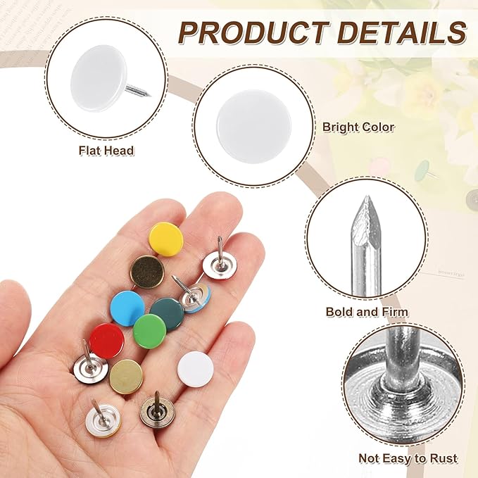 uxcell 120Pcs Push Pins, 11mmx17mm Round Flat Head Decorative Thumb Tacks Upholstery Tacks for Cork Board Office Wall Hangings, White