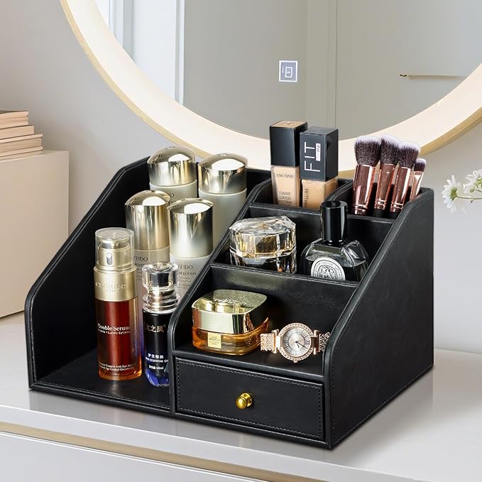 KINGFOM PU Leather Desk Organizer, Multifunction 6 Compartment Desk Organizers and Accessories for Office Supplies, Pen Pencil Holder/Book Mail Organizer Holder for Desk with Drawer(Black)