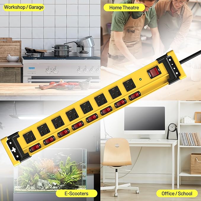 Plug'n 8 Outlet Long Power Strip,2700J Surge Protector with Individual Switches,Wide Spaced,Heavy Duty Power Strip with 6FT/14AWG/15A Power Cord and Flat Plug for Workshop,Garage,Industrial,Home