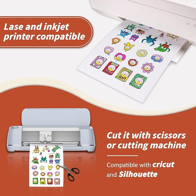 Matte Printable Vinyl Sticker Paper for Inkjet & Laser Printer - 30 Sheets - 8.5" x 11" - Waterproof, Dries Quickly Vivid Colors